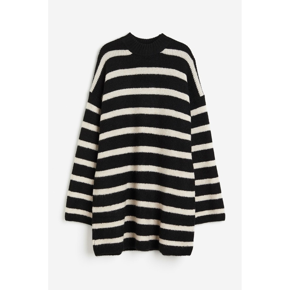 NWT H&M Black White Striped Oversized Knit Sweater Mini Dress Medium Classic